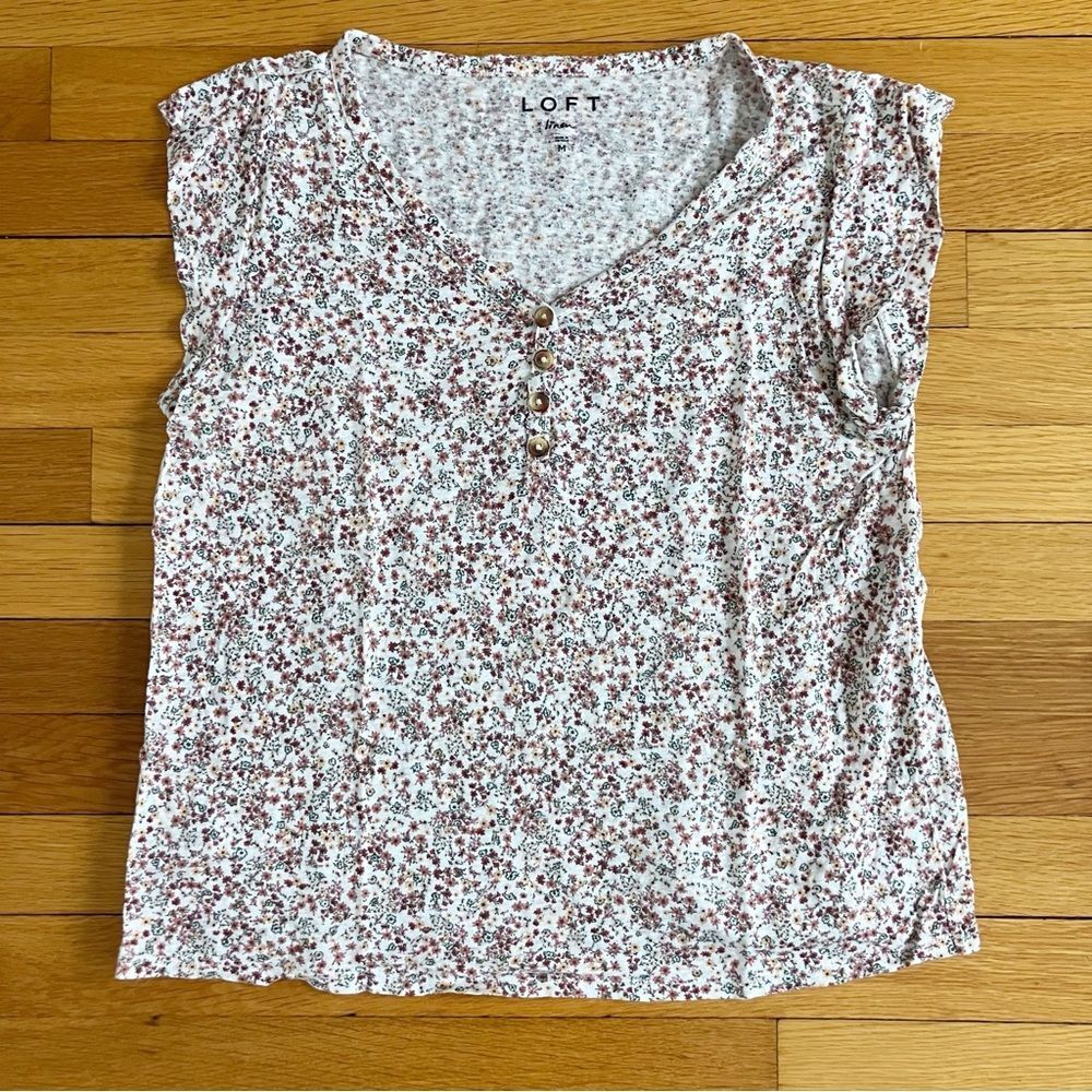 Loft Linen Floral Breathable Summer Lightweight Henley Tee Medium